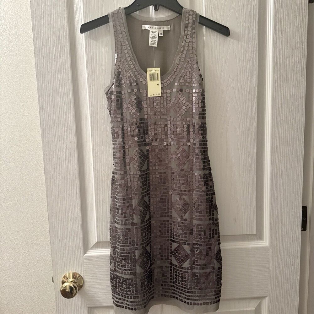 MAX STUDIO Dress Women's XS Gray‎ Geometric Sequin Stretch Evening Cocktail $118